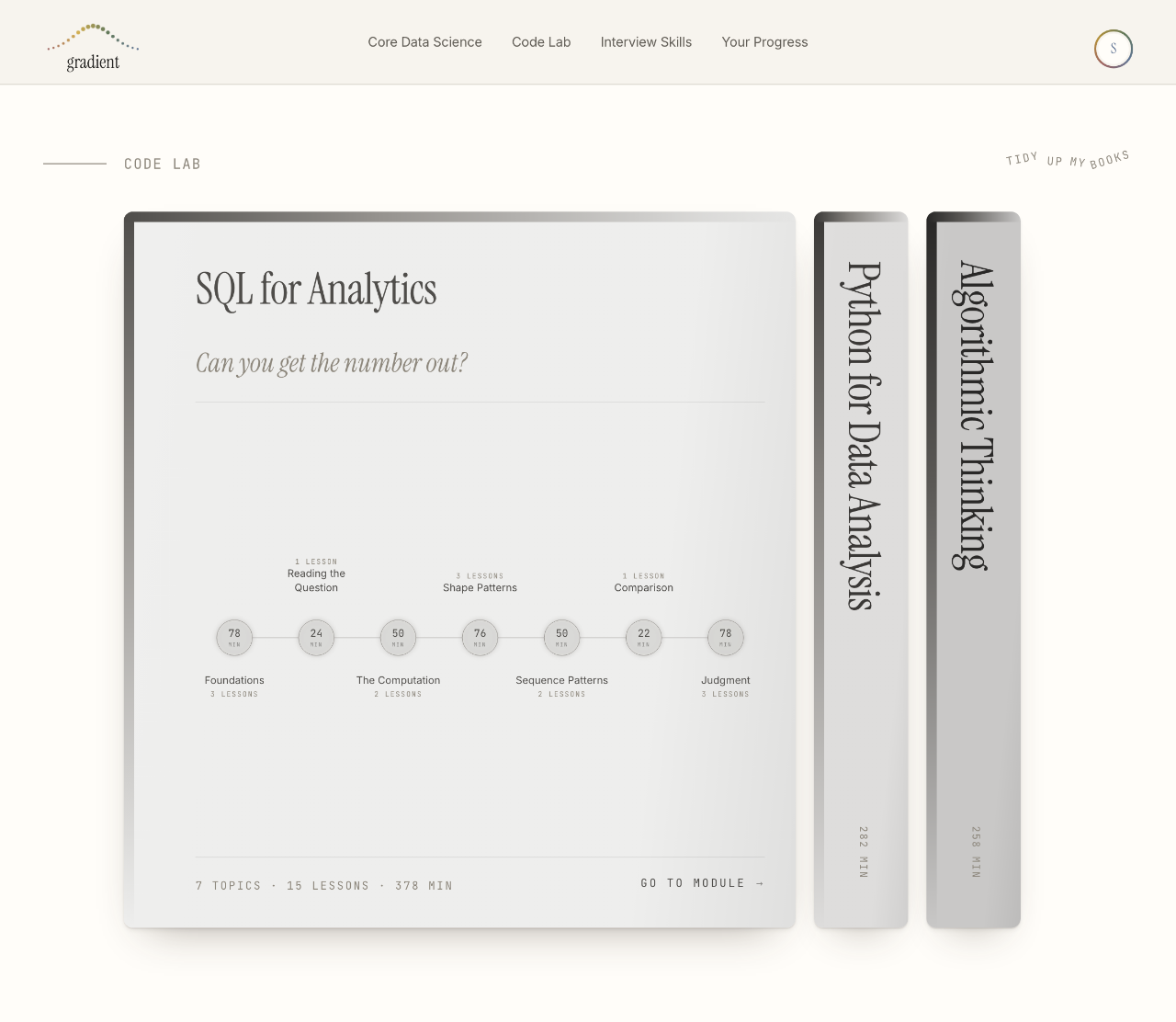 Code Lab as a shelf: SQL for Analytics open with its map, the other two paths standing as spines.